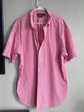 Vintage Ralph Lauren Short Sleeve Button Down Shirt Pink White‎ Striped XL Tall
